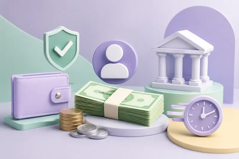3D icon scene with a wallet, a banded stack of banknotes, piles of coins, a shield bearing a checkmark, a columned bank building and a wall clock