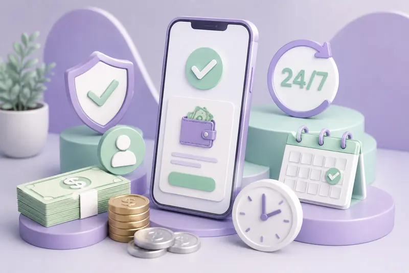 3D scene with a smartphone showing an approved application, a 24/7 badge, a desk calendar with a checkmark, an analogue clock, banknotes and coins